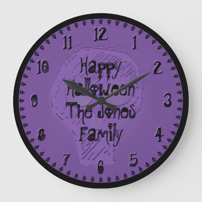 Grande Horloge Ronde Joyeuse Halloween Éffrayant Lettres Noir/Violet (Recto)