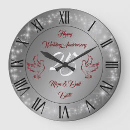 Grande Horloge Ronde Joyeuse Personnalisation Pailletée Argent 25e Anni