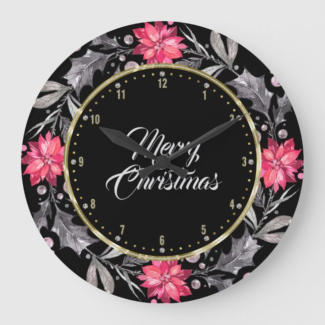 Grande Horloge Ronde Joyeuse typographie de Noël et couronne de Noël (Recto)