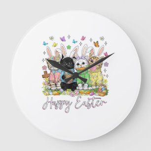Grande Horloge Ronde Joyeuses Pâques Adorateur de Chat Mignon Lapin Jou