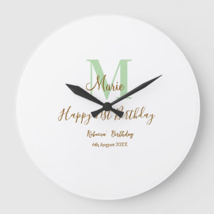 Grande Horloge Ronde Joyeux 21e Anniversaire vert ajouter nom monogramm