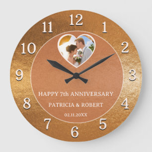 Grande Horloge Ronde Joyeux 7e anniversaire Mariage Coeur Photo Copper