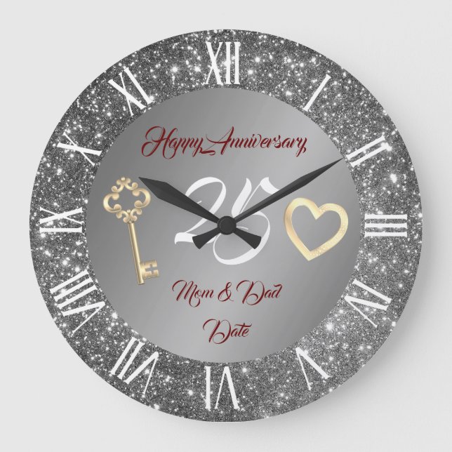 Grande Horloge Ronde Joyeux Amour Personnalisé Argent 25e Anniversaire (Recto)
