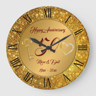 Grande Horloge Ronde Joyeux Amour Personnalisé Or 50e Anniversaire
