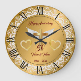 Grande Horloge Ronde Joyeux Anniversaire Personnalisé Lace Or