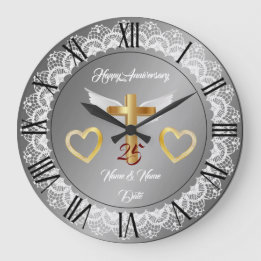 Grande Horloge Ronde Joyeux Anniversaire Personnalisé Ruban Argent