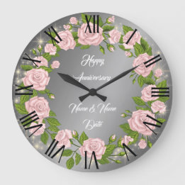 Grande Horloge Ronde Joyeux Anniversaire Rose Argent Personnalisé