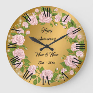 Grande Horloge Ronde Joyeux Anniversaire Rose Dorée Personnalisée