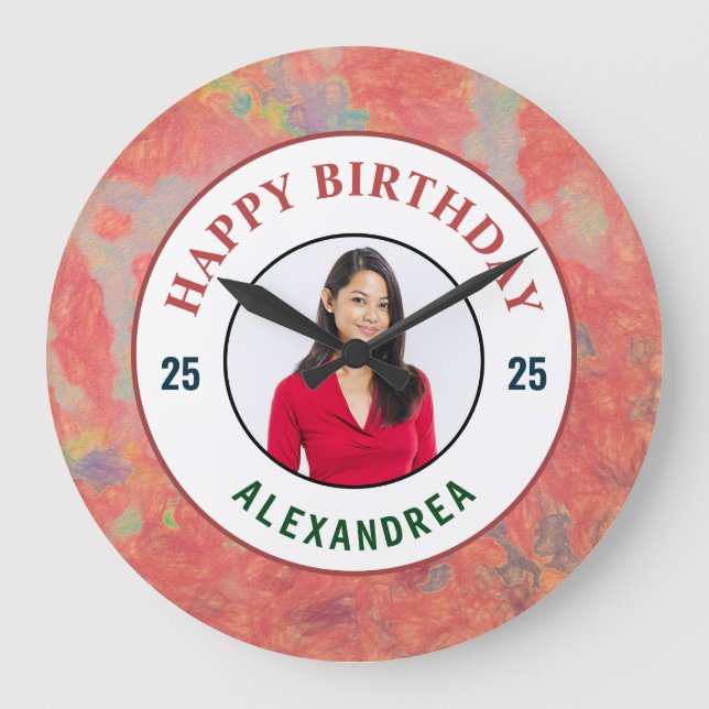 Grande Horloge Ronde Joyeux Anniversaire rose photo Personnaliser (Recto)