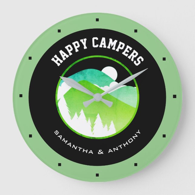 Grande Horloge Ronde Joyeux Campers Couples Noms Green Black Camping (Recto)