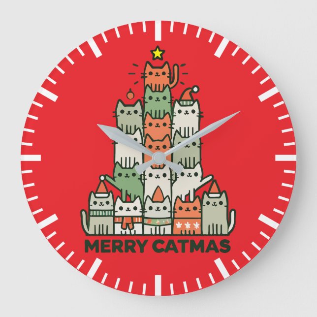 Grande Horloge Ronde Joyeux Catmas Cute Chat Noël Arbre de Noël (Recto)