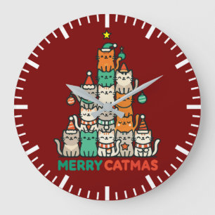 Grande Horloge Ronde Joyeux Catmas Cute Chat Noël Arbre de Noël