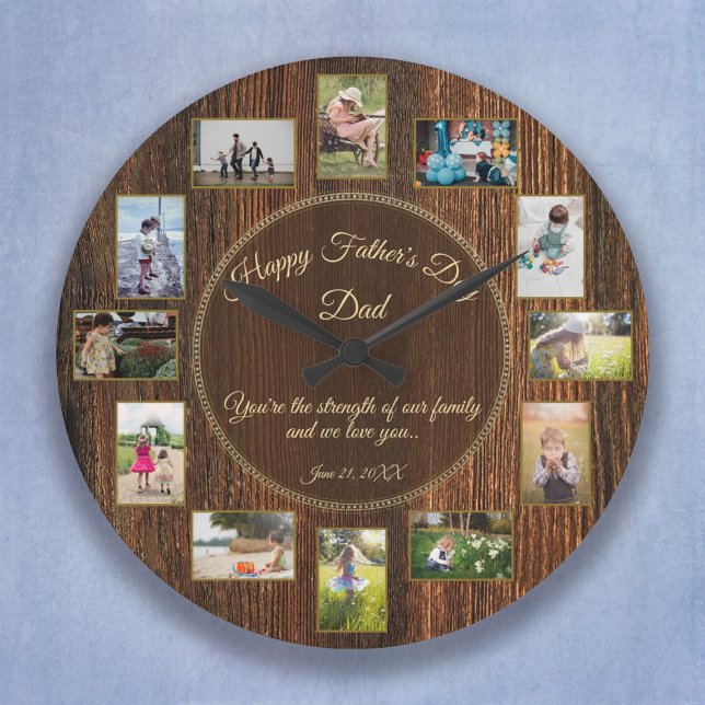 Grande Horloge Ronde Joyeux Fathers Day Rustic Wood Photo de modèle (Créateur téléchargé)