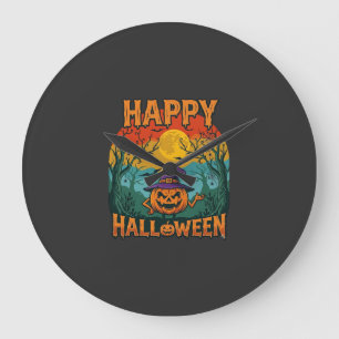 Grande Horloge Ronde Joyeux Halloween Citrouille Chapeau de Sorcière Pl