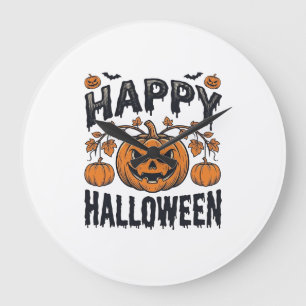 Grande Horloge Ronde Joyeux Halloween Citrouille Design de Gravure Vint