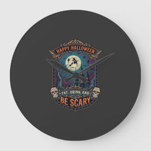 Grande Horloge Ronde Joyeux Halloween Sorcière Château Crânes Gras Boir