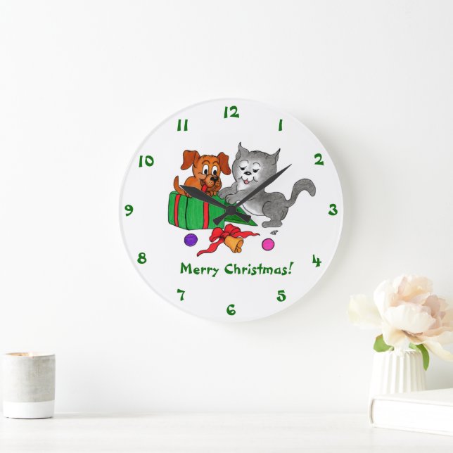 Grande Horloge Ronde Joyeux Noël avec chat et chien (Maison)
