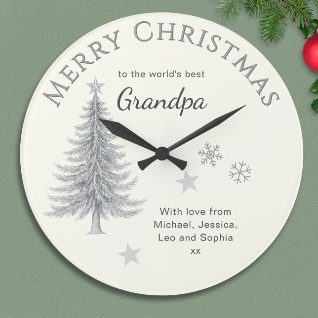 Grande Horloge Ronde Joyeux Noël Grand-Père Crème Mémoire (A Christmas clock for the 'world's best Grandpa', with tree, snowflakes, stars and your own message)