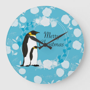 Grande Horloge Ronde joyeux noël, noël,pingouin,fleurs,bleu,