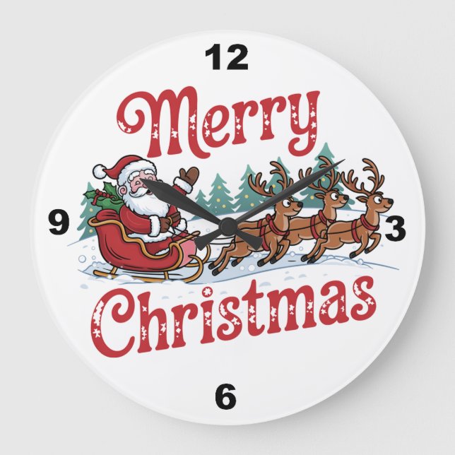 Grande Horloge Ronde Joyeux Noël Père Noël Sleigh Reindeer (Recto)