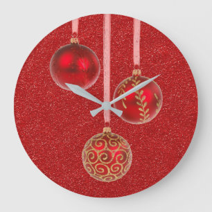 Grande Horloge Ronde Joyeux Noël Rouge Parties scintillant Baubles Élég