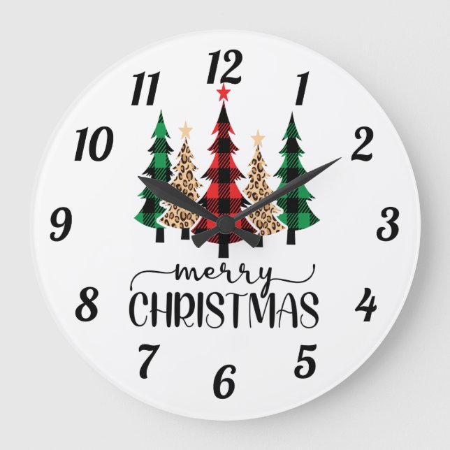 Grande Horloge Ronde Joyeux Noël Rouge Vert et Noir Plaid Arbres (Recto)