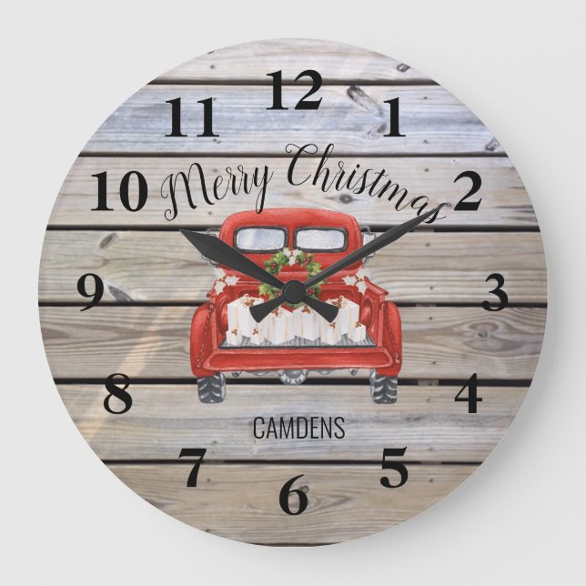 Grande Horloge Ronde Joyeux Noël Rustique Camion Rouge Nom de famille (Recto)