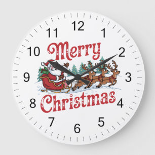 Grande Horloge Ronde Joyeux Noël Volant Père Noël Sleigh Reindeer