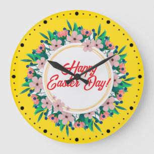 Grande Horloge Ronde Joyeux Pâques Avec Cadre Floral-23046