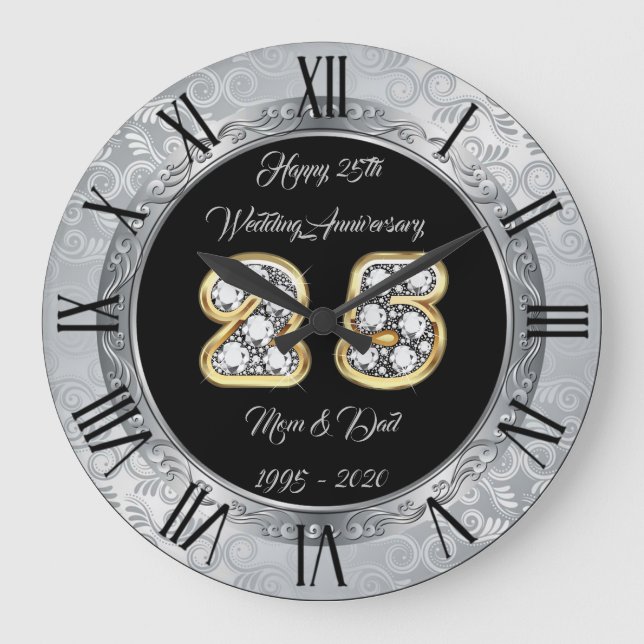 Grande Horloge Ronde Joyeux Personnalisé Argent 25e Anniversaire (Recto)