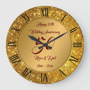Grande Horloge Ronde Joyeux Personnalisé Paillettes Or 50e Anniversaire