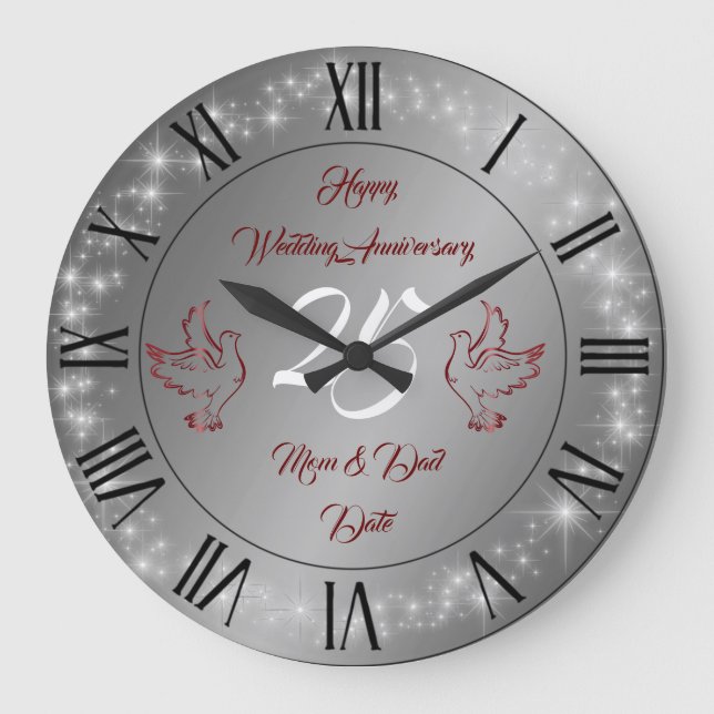 Grande Horloge Ronde Joyeux Personnaliser d'argent 25e anniversaire (Recto)