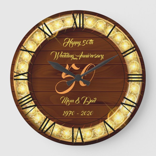 Grande Horloge Ronde Joyeux Personnaliser Or 50e Anniversaire (Recto)