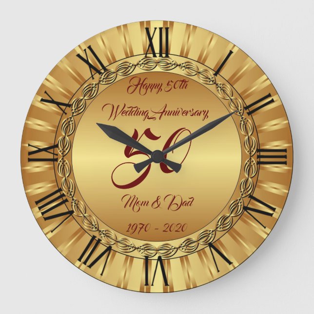 Grande Horloge Ronde Joyeux Personnaliser Or 50e Anniversaire (Recto)