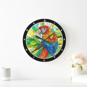 Grande Horloge Ronde Jungle Harmony" - Perroquet en verre