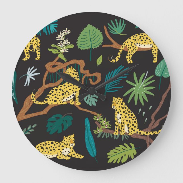 Grande Horloge Ronde Jungle Leopards : Illustrations Vintages de la fau (Recto)
