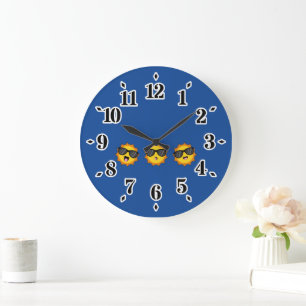 Grande Horloge Ronde Kawaii Soleil avec lunettes de soleil Joyeux visag