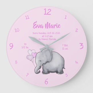 Grande Horloge Ronde Keepsake Baby Girl Birth Stats Elephant Nursery
