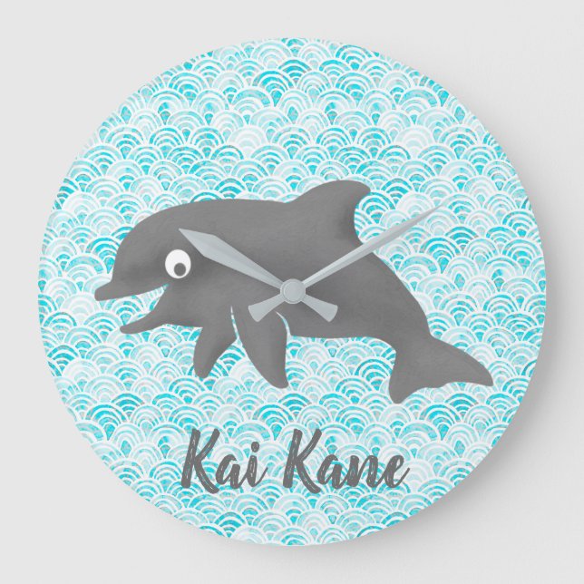 Grande Horloge Ronde Keiki Aquarelle Dauphin Vague (Recto)