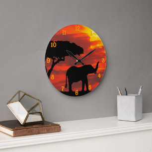 Grande Horloge Ronde Kenya Safari Elephant Wildlife Sunset Watercolor