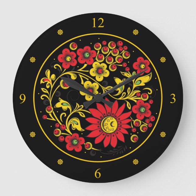 Grande Horloge Ronde Khokhloma ~ Art folklorique russe ~ Fleurs rouges/ (Recto)
