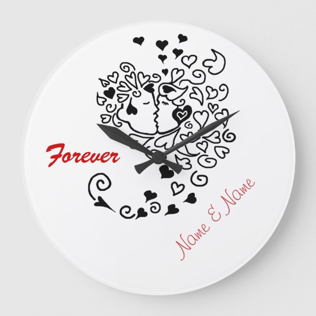 Grande Horloge Ronde Kisser Profil Couple Coeurs Cheveux pour toujours  (Recto)