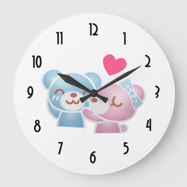 Grande Horloge Ronde Kissing Bears mignon et Kawaii (Recto)