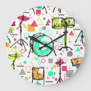 Grande Horloge Ronde Kit Tambour : Aquarelle Memphis Retro.