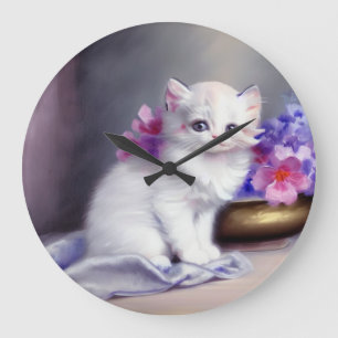 Grande Horloge Ronde Kitten blanc vintage aux fleurs roses et violettes