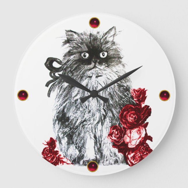 Grande Horloge Ronde KITTY CAT, KITTEN WITH RED ROSES, Black White (Recto)