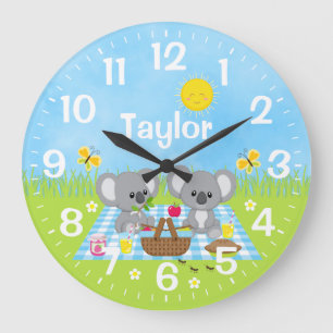 Grande Horloge Ronde Koala Bear Picnic Blue