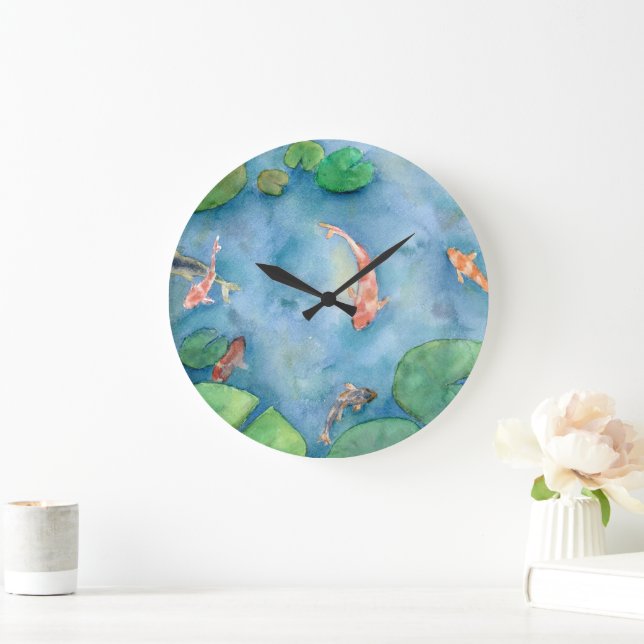 Grande Horloge Ronde Koi Fish Pond watercolor (Maison)
