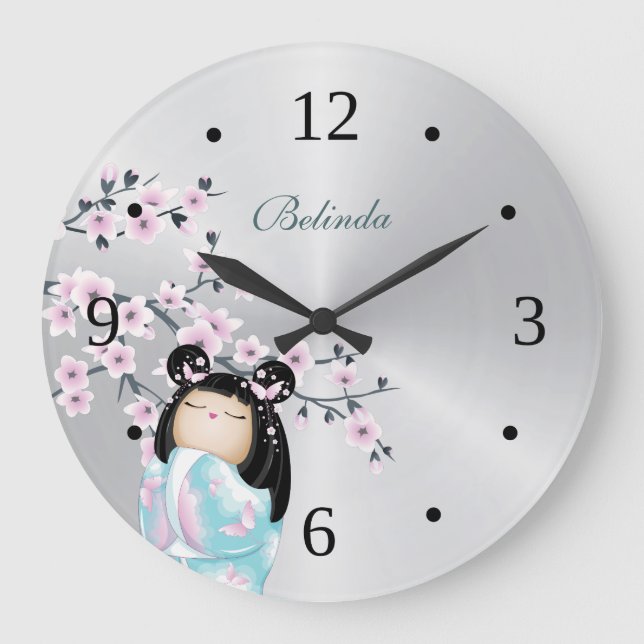 Grande Horloge Ronde Kokeshi Doll and Cherry Blossoms Silver Monogram (Recto)