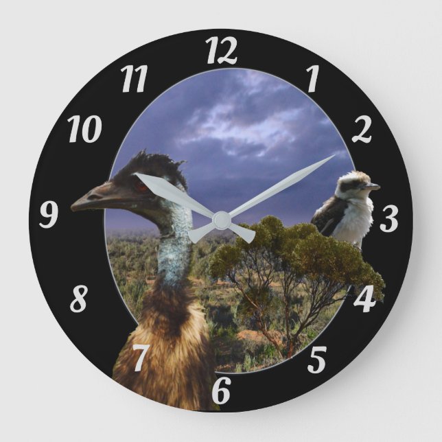 Grande Horloge Ronde Kookaburra, Emu, Paysage australien, (Recto)